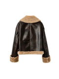 Znbbw Women Fleece Leather Jackets Loose Turn Down Collar Zippers Thick Coat 2023 Autumn Winter Vintage Ladies Warm Clothes Top