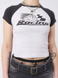 Znbbw Women Y2K Graphic Print Short Sleeve Crop Tops T-Shirt Round Neck Slim Fit Tee Tops 90S E Girl Clothing