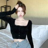 Znbbw Version Solid Color Square Neck Sweater Slim Fitting Fashion Exposed Navel Long Sleeved Cardigan Sweater