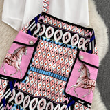 Znbbw Fashion Runway Skirt Suit Women's Short Sleeve Horse Geometry Print Blouse + A Line Pocket Mini Skirt 2 Two Piece Set