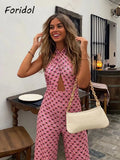 Znbbw Geometric Print Summer summer Backless Jumpsuit Sleeveless Halter Wide Leg Pink Pants Overalls Front Cut Retro Jumpsuit