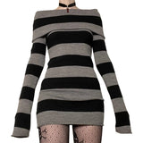 Znbbw Fairycore Grunge Striped Knitted Mini Dress for Women Autumn Off Shoulder Long Sleeve Bodycon Dress Y2k Aesthetic Clothes