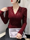 Znbbw New V-neck Slim Fit Long Sleeve Lace T-shirt for Women V Neck Slim Cropped Tops T Shirts Female Stretch Tee