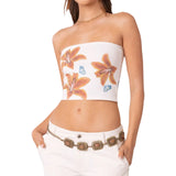 Znbbw Women Summer Strapless y2k Fairycore Floral Print Tube Tops Solid Vintage Off Shoulder Lady Sexy Slim Backless Bustiers Tops