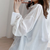 Znbbw White Transparent Chiffon Blouse Chic Women Summer Oversize Puff Long Sleeve Shirt Korean Style Cardigan Basic Sheer Top