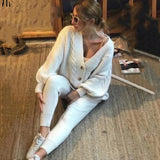 znbbw Women Knitting Two Pieces Sweater Suit Hemp Flower V-Neck Single-Breasted Cardigan + Pants Lady Winter Casual Sweater Set