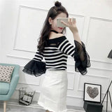 Znbbw Women Fashion Slim Knitting Off-shoulder Flare Chiffon Sleeve T shirts Tops Girl Knitted Patchwork Slash Neck Tees FL4730