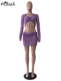 znbbw Summer Sexy Knit Bodycon Bandage Two Piece Skirts Set For Women 2023 Long Sleeve Backless Crop Top And Booty Mini Skirt