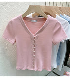 Znbbw T Shirts Women V-Neck Pearl Buttons Cropped Tshirt Tee Lady Solid Slim Cardigan Crop Top for Female