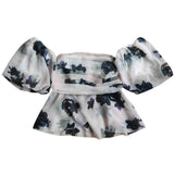 Znbbw Off Shoulder Blouses Printing Top Sexy Low Cut Blouse Crop Top Puff Sleeve Shirt