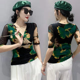 Znbbw Women Half Sleeve Print Mesh T Shirts Lady Elegant Elastic Crossed V Neck Floral Tops Tees Female Fashion T-Shirt