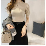 Znbbw Turtleneck Knitted T-shirts Tops Woman Slim Short Puff Sleeve Buttons Soft Solid Autumn T-shirt Tee Female