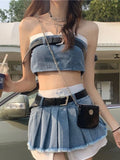 Znbbw Gyaru Matching Sets Tube Top Crop Tops High Waist Belt Pleated Patchwork Skirts Y2k 2000s Female Slim Two Piece Set