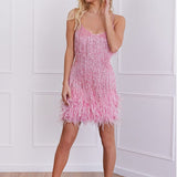 Znbbw Feather Stitching Dress Sexy Sequins Spaghetti Strap Fashion Mini Dresses 2023 Summer Slim V-Neck Evening Elegant Dresses