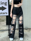 Znbbw Broken Hole Jeans All-Match Distressed Women High Street Hip Hop High Waist Straight Loose Trousers Y2k Washed Mopping Pants