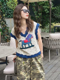Znbbw Sweet Knitwears Vest Contrast Color Cartoon Embroidery Sweater Hollow Out V Neck Sleeveless Crop Tops Summer Thin Jumpers