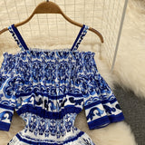 Znbbw Fashion Runway Midi Dress Women's Cool Shoulder Flare Sleeve Blue and White Porcelain Printing Holiday Beach Vestidos