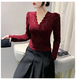 Znbbw New V-neck Slim Fit Long Sleeve Lace T-shirt for Women V Neck Slim Cropped Tops T Shirts Female Stretch Tee