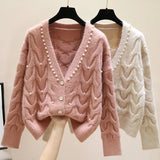 Znbbw new fashion all-match knitted outer wear sweater Sweet beaded V-neck knitted cardigan women's spring