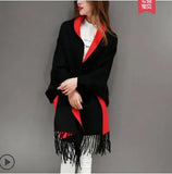 Znbbw Winter Fashion Lady Tassel Knitted Shawl Sweater Women Solid Tassel Batwing Sleeve Poncho Cardigan wrap swing