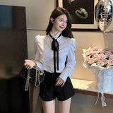 Znbbw Shirts Women Jk Preppy Tie Puff Long Sleeve Blouses Student Lolita Office Lady Korean Ruffles Slim All Match Crop Tops New