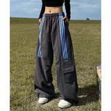 Znbbw Women Streetwear Sweatpants American Retro Striped Loose Wide Leg Pants Casual Female Large Pocket Cargo Trousers New