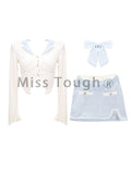 Znbbw Blue Kawaii Lolita Two Piece Skirt Set Women Bow Long Sleeve Sweet Y2k Suit Female Korean Fashion Designer Sweet Set 2024
