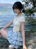 Znbbw Sweet Matching Sets Floral Heart Draw String Crop Tops High Waist Ruffles Mini Skirts Summer Y2k 2000s Girl Clothing