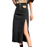 Znbbw Skirts Women A-line Solid Slim Side Slit Long High Waist Denim Skirt Wrap Hip Streetwear