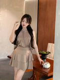 Znbbw Elegant Matching Sets Halter Sleeveless Tops High Waist Ruffles Stitching Mini Skirt Summer Fashion Design Women Clothing