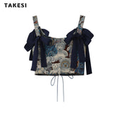 znbbw Women's Suits New Summer 2023 Korean Fashion Cute Little Bear Print Jacquard Crop Bow Suspender Tops High Waist Mini Skirts