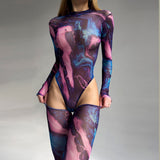 Znbbw Tie Dye Bodysuit Long Sleeve Lingerie Body Uncensored Tight Fitting Woman Crotchless Mesh Sexy Tops See Through Outfit