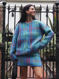 Znbbw Contrast Plaid Chic Two Piece Set Women's O-neck Long Sleeve Coat Skirt Suit 2023 Autumn/Winter Female Warm Outfits