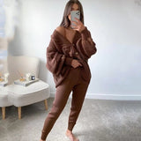 znbbw Women Knitting Two Pieces Sweater Suit Hemp Flower V-Neck Single-Breasted Cardigan + Pants Lady Winter Casual Sweater Set
