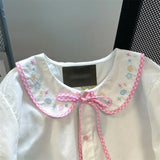 Znbbw Sweet Blouses Peter Pan Collar Puff Sleeve Tops Lace Up Embroidery Shirts Summer Preppy Style JK Women's Clothing 2024