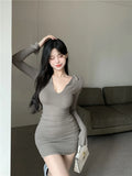 Znbbw Korean Mini Dress Women Sexy V Neck Sweater Fashion Elegant Bodycon Dresses Long Sleeve Pleated Robe Short Skirt Waist Solid