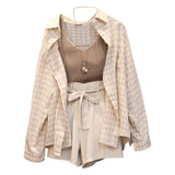 Znbbw Piece Set For Women 2023 Women's Casual Long Sleeve Single-breasted Shirt Short Pants Sets Vest Fashion Outfits Suit