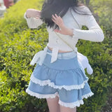 Znbbw Sweet Y2k Skirts Ruffles Lace Patchwork Bandage Design Denim Mini Skirt Summer Korean All Match Kawaii Girl Clothing