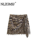 Znbbw TRAF 2023 Women Clothing Retro Beaded Printed High-Waist Sexy Mini Skirt Women