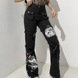 Znbbw Women Y2K Black Punk Pants Buckle Harajuku Gothic Bandage Baggy Jeans Streetwear Pocket Goth Grunge Low Waist Women Cargo Pants