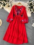 Znbbw Style Retro Embroidered Dress Women's Mid-length Waist Slim Lantern Sleeves Literary Gentle A-line Vestidos Women D1031