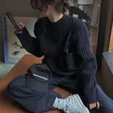 Znbbw Cropped Sweater Women Vintage Striped Knitted Pullovers Harajuku Korean Slim Knitwear Japanese Black Casual Jumper