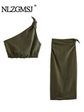 Znbbw TRAF With Knot Women 2 Piece Sets 2023 Summer Slim Asymmetric Crop Top Female Split High Waist Midi Skirt Suits