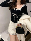 Znbbw Women's Sweet Slim Crop Tops Solid Color Lace Patchwork Long Sleeve U-Neck Front Button Tops Streetwear
