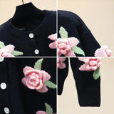 Znbbw Sweater Female 2024 Cardigan Women Sweater Loose Outer Coat Long Sleeve 3D Flower Round Neck Knitted Cardigan Female