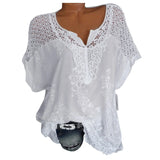 Znbbw Women Hollow V-Neck Embroidered Short-Sleeved Bat Sleeve Shirt Top Elegant Black/White/Blue Exquisite and Breathable Blouses