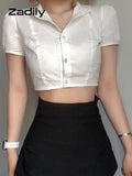 znbbw Sexy White Shirt Women Stand Neck Button Short Sleeve Slim Crop Blouse 2023 Summer New Party Y2k Female Clothing Tops