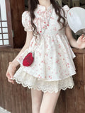 Znbbw Floral Kawaii Two Piece Set Women Japanese Sweet Elegant Skirt Suit Female Puff Sleeve Blouses £« Lace Lolita Cake Skirt