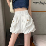 Znbbw Oversized Loose Bloomer Shorts Women Summer High Waist Korean Pocket Shorts Femme Solid Elastic Buttons Casual Bloomers