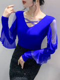 Znbbw Spring Summer T-shirts Women V-neck Ruffles Long Sleeve Solid Mesh Elastic Tops Tees Female Fashion Diamonds T Shirt
